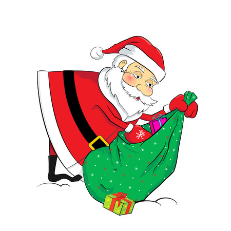 Funny cartoon Santa Claus with a sack full of gifts as a vector element for tags, flyers, discount coupons and calendarsのイラスト素材