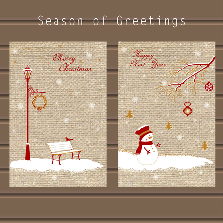 Christmas greeting with traditional symbols of the holidays with snowflakes, snowman, decorations on the background of the canvas, in a single styleのイラスト素材