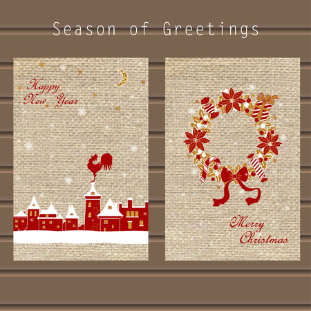Traditional greeting with Christmas wreath, snowflakes, winter city and a symbol of the New Year on the background of the canvas, in a single styleのイラスト素材