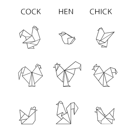 Set trendy stylized origami birds the symbol of a year in a outline on the white backgroundのイラスト素材