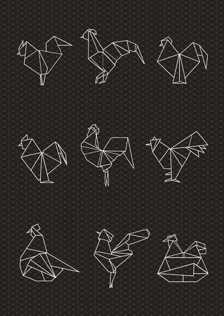 Set of trendy stylized origami birds the symbol of a year in a outline on dark background with geometric ornateのイラスト素材