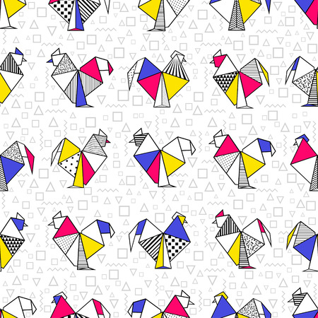 Abstract seamless pattern of origami rooster in red, blue, yellow, black, white in boho style. Vector design for card, brochures, souvenirs, scrapbooking, printed, textiles, wrapping.のイラスト素材