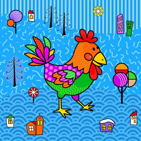 The image of the funny cock on the landscape background in the boho style as a background for a poster, postcards, mock upsのイラスト素材