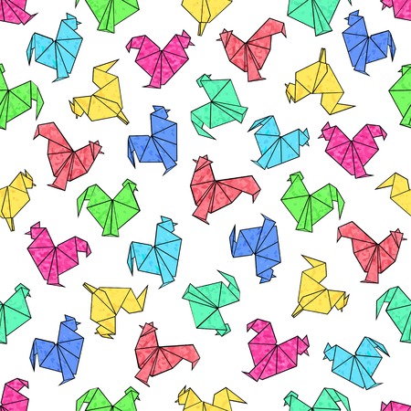 Seamless pattern of origami rooster in textural bright colors. Vector design for mockups, brochures, souvenirs, scrapbooking, calendars, printed, textiles, wrapping.のイラスト素材