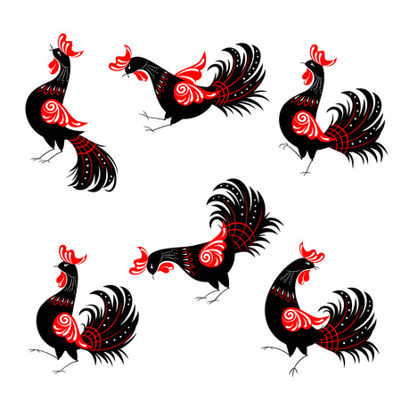 Set of ethnic black and red roosters in Russian folklore style. Every object is on an individual layerのイラスト素材