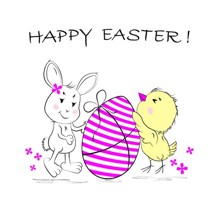 Easter symbols, rabbit, egg and chick in flat style on the white backgroundのイラスト素材