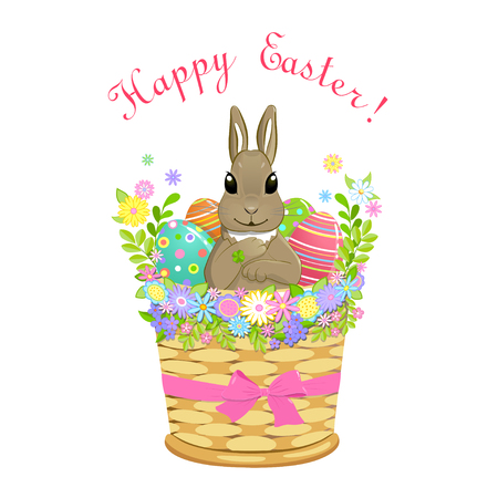 Decorated with flowers and bow Easter basket with cute rabbit bunny and painted Easter eggs, isolated on white backgroundのイラスト素材