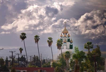 surreal vista of a dome and palm trees in Los Angeles