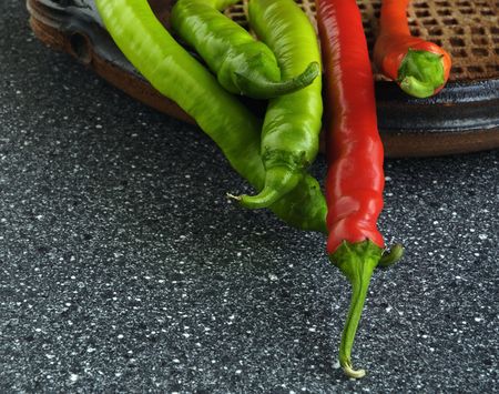 Vegetables, ceramic dish and chilliesの写真素材