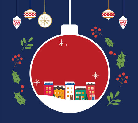 Christmas and New Year greeting card with winter town. Vector illustration.のイラスト素材