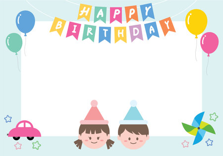 birthday card with boy and girl in hats, vector illustration.のイラスト素材