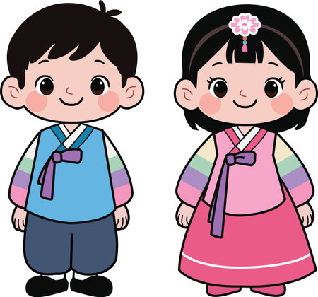 Cute little boy and girl in Korean traditional costume, vector illustrationのイラスト素材