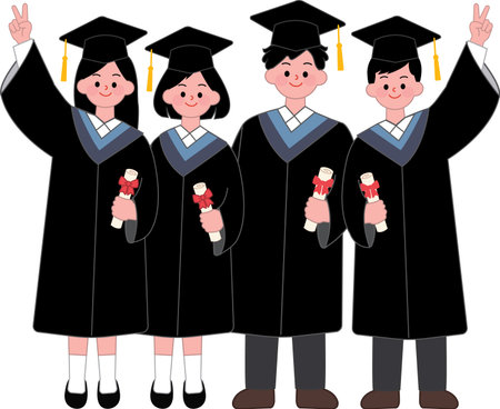 Illustration of a group of students in graduation gowns and hatsのイラスト素材