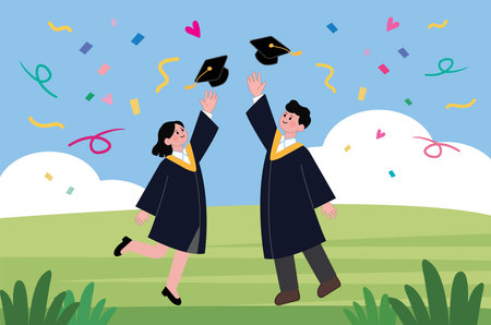 graduates couple celebrating in the field vector illustration design vector illustration designのイラスト素材