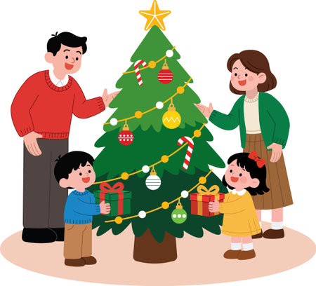 Happy family decorating the Christmas tree. Flat design vector illustration.のイラスト素材