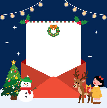 Christmas greeting card. Christmas tree, snowman, gifts and deer. Vector illustration.のイラスト素材