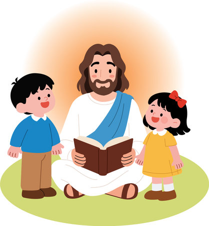 Illustration of a Kid Reading a Holy Bible with Jesus and Josephのイラスト素材