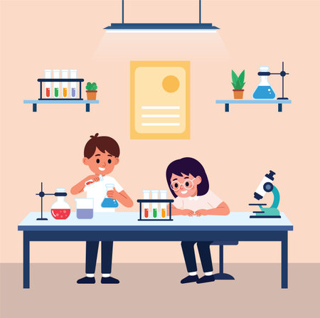 Chemistry class vector flat design illustration. Teacher and student studying in laboratory.のイラスト素材