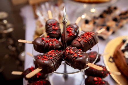 sweets, cake and cookies sweet on a stick in chocolate with sprinklesの写真素材