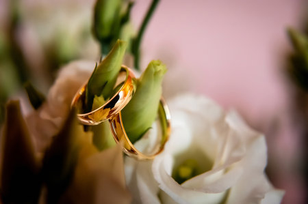 hands, wedding rings and marriage vows wedding rings on a bouquet of flowersの写真素材