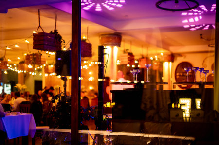 view from behind the glass on the interior of the restaurant hall, blurred backgroundの写真素材