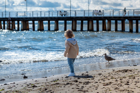 little young boy on the beach looking at the waves against the background of the pierの写真素材