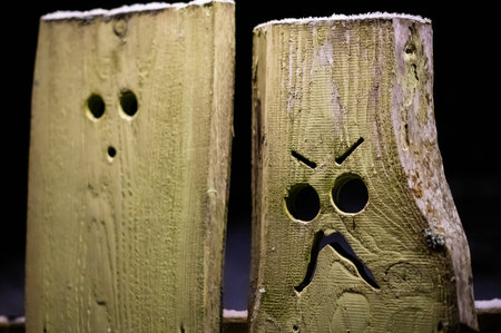 funny faces cut in wooden boardsの写真素材