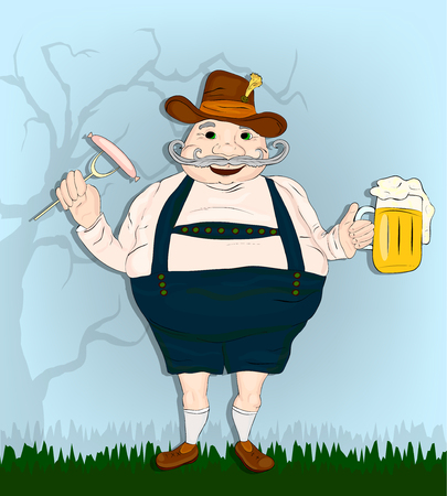 Oktoberfest festival. Fat bavarian man with beer and smoking sausageのイラスト素材