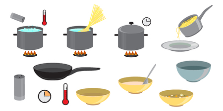 Cooking Set of different icon set for kitchen, restaurant or menu. Cooking and preparation icons. Vector elements on a white background.のイラスト素材