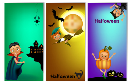 Set of three vertical Halloween banners with cute kids in costume. Halloween banner template with place for your text.のイラスト素材