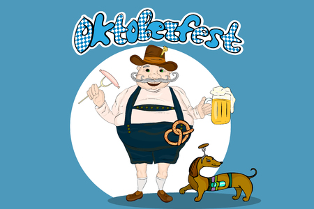 Cute cartoon Bavarian man with beer, sausage and pretzel. Oktoberfest illustration.のイラスト素材