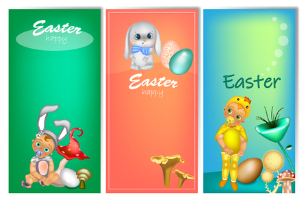 Set of three vertical Easter banners with cute kids in costume (bunny and chicken). Easter banner template with place for your text.のイラスト素材