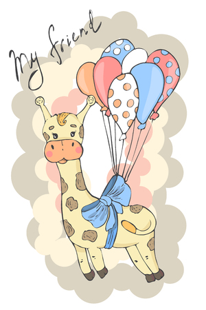 Cute cartoon giraffe flying with balloonsのイラスト素材