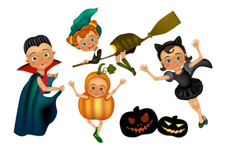 Halloween kids character in costume: pumpkin, black cat, dracula, witchのイラスト素材