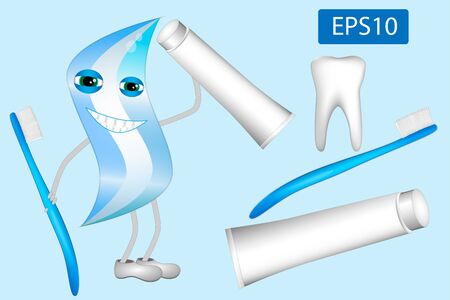 Illustration of dental care items toothbrushes,toothpaste and tooth. For healthy teeth.のイラスト素材