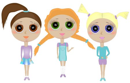 Three characters of funny little girls with big heads. Character girlのイラスト素材