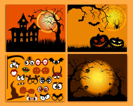 Set of flyers for halloween vector illustration. Templates of posters with terrible evening. Halloween party greeting cards. Banners set. Design elements for zombie party.のイラスト素材