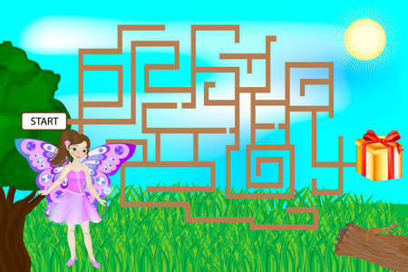 Colorful maze game with Fairy. Butterfly girl looking for a giftのイラスト素材