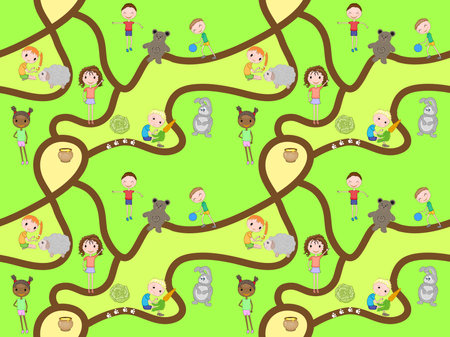 Cartoon map seamless pattern with roads and kids. Vector seamless pattern - playing children. Pattern for the fabric, wrapping paper, children s play mat, board games and etc.のイラスト素材