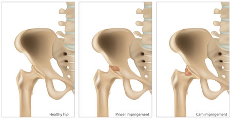 Medical illustration of the Femoroacetabular Impingement. Different of the Cam impingement and Pincer impingement. Healthy hip