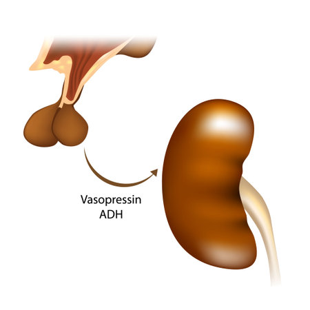 Delivery of vasopressin from the hypothalamus to the kidneys. Vasopressin regulates the tonicity of body fluids. It is released from the posterior pituitary. Medical illustrationのイラスト素材