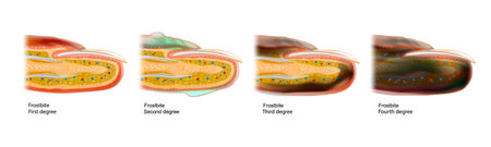 The four frostbite stages.Skin injury that occurs when exposed to extreme low temperatures, causing the freezing of the skin or tissues.のイラスト素材