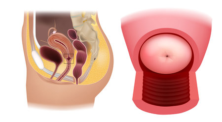 Cervix uteri anatomy. The cervix is the lower narrower portion of the uterus. Diagram of the uterus and part of the vagina. The human female reproductive system.のイラスト素材