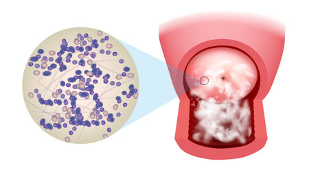 ,Illustration of a candidiasis infection on the cervix. Candida albicans this infection is also known as thrush or moniliasis.Vaginal Candidiasisのイラスト素材
