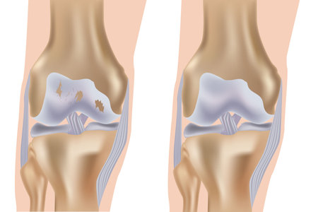 Knee arthrosis. Medical vector illustration with damaged knee structure and healthy knee comparison.のイラスト素材