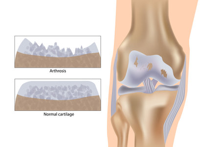 Knee arthrosis. Medical vector illustration with damaged knee structure and healthy knee comparison.のイラスト素材