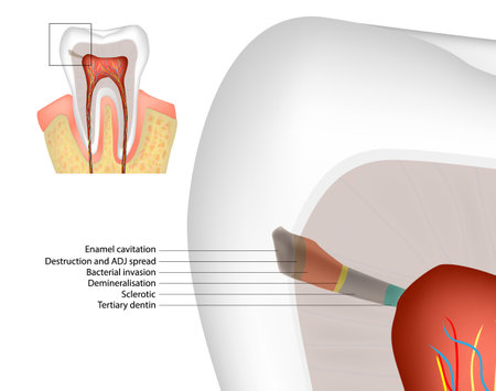 Histopathology of Caries in Enamel and Dentine. Enamel Dentin Pulp complex. Diagram Dental Caries. Tertiary dentineのイラスト素材