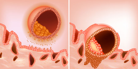 The process during the embryo implantation. The blastocyst implants to the maternal endometrium. Blastocyst. Apposition and Adhesionのイラスト素材