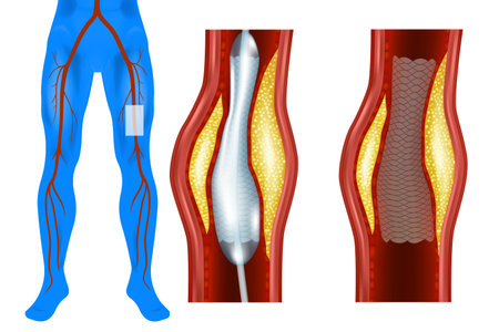 Lower Limb Angioplasty Procedure. Peripheral Artery Angioplasty Diagram. Balloon Angioplasty for Leg Arteries. Stent Placement in Peripheral Arteryの写真素材