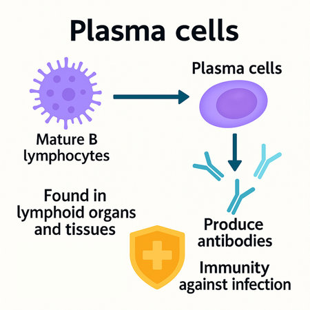 Plasma Cells Infographic Antibody Production and Immunity. Medical infographic explaining how plasma cells are derived from B lymphocytes and contribute to the immune response by producing antibodies.の写真素材